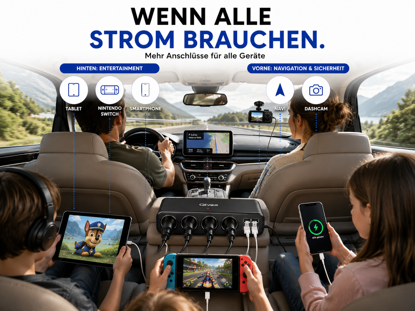 KFZ Adapter 4-Fach Dose Zigarettenanzünder Verteiler mit 12V/24V Steckdose Auto