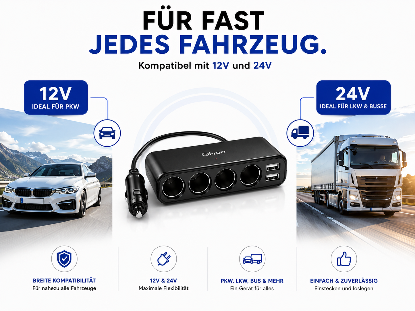 KFZ Adapter 4-Fach Dose Zigarettenanzünder Verteiler mit 12V/24V Steckdose Auto