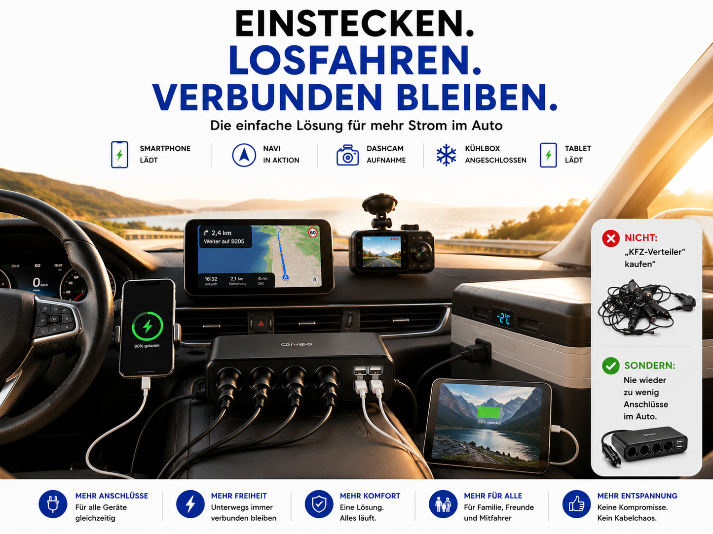 KFZ Adapter 4-Fach Dose Zigarettenanzünder Verteiler mit 12V/24V Steckdose Auto