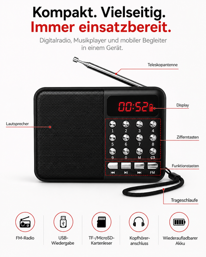 FM Radio Tragbar Akku 1200mAh USB MicroSD MP3 Player Taschenradio UKW QIVEE®