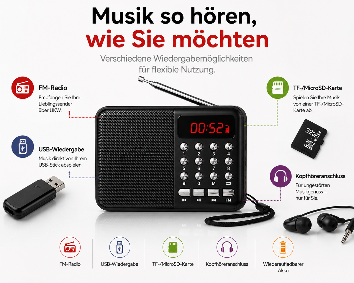 FM Radio Tragbar Akku 1200mAh USB MicroSD MP3 Player Taschenradio UKW QIVEE®