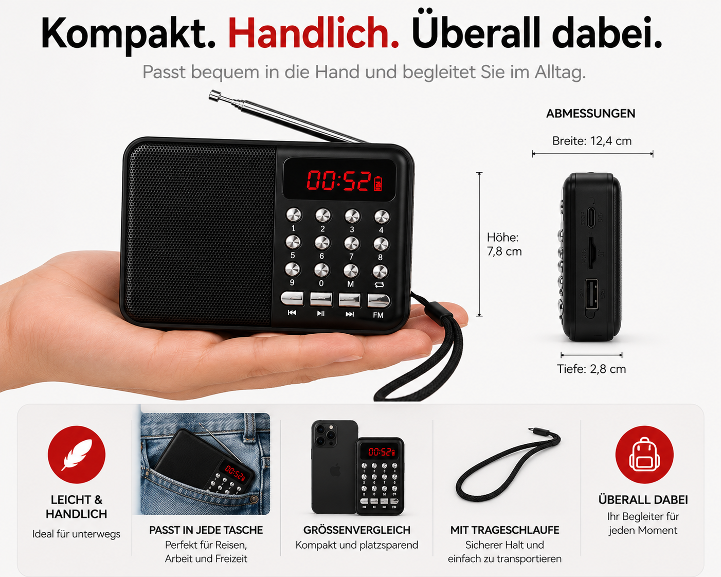 FM Radio Tragbar Akku 1200mAh USB MicroSD MP3 Player Taschenradio UKW QIVEE®