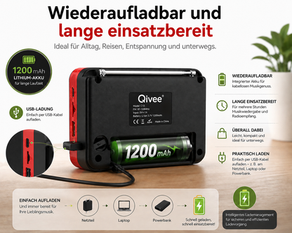 FM Radio Tragbar Akku 1200mAh USB MicroSD MP3 Player Taschenradio UKW QIVEE®