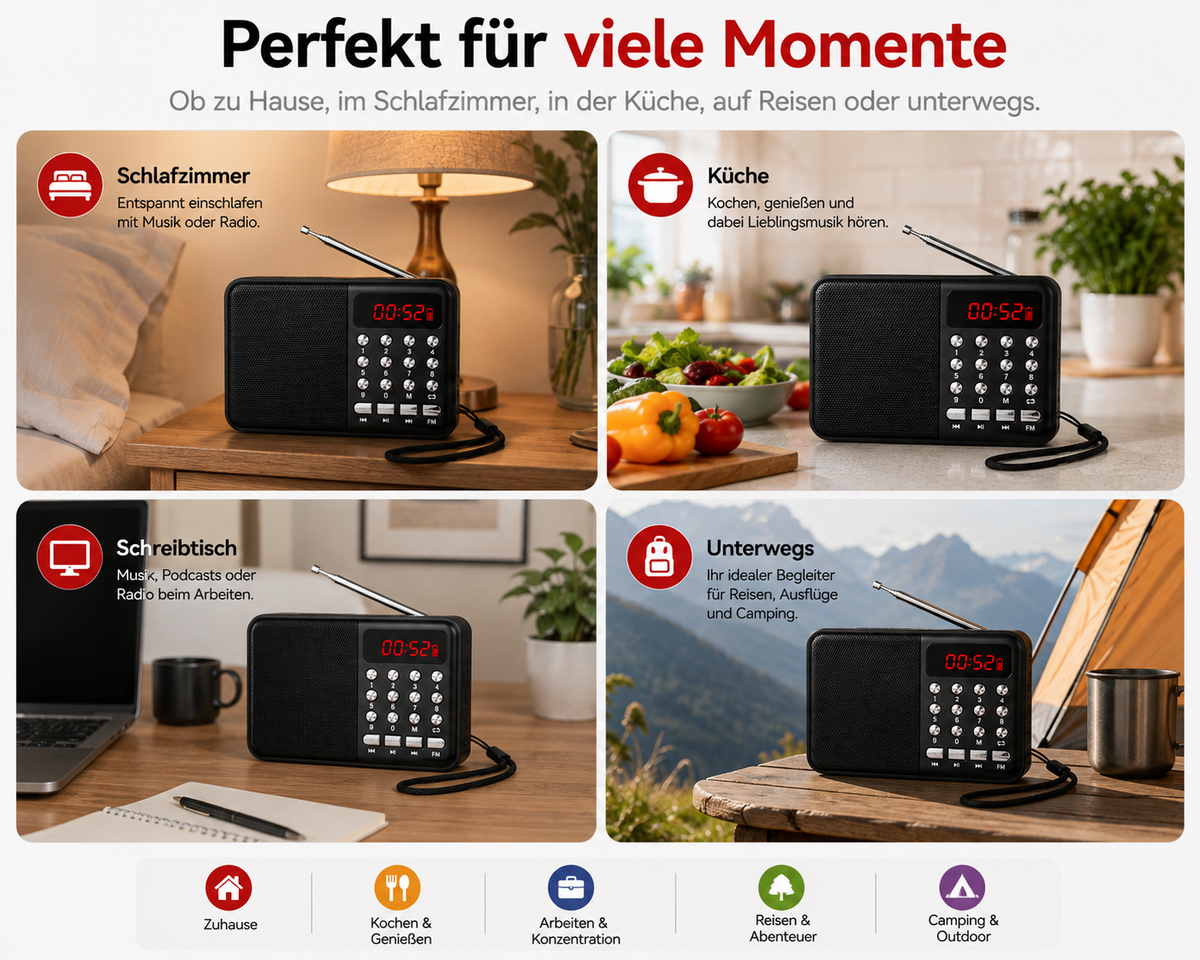 FM Radio Tragbar Akku 1200mAh USB MicroSD MP3 Player Taschenradio UKW QIVEE®