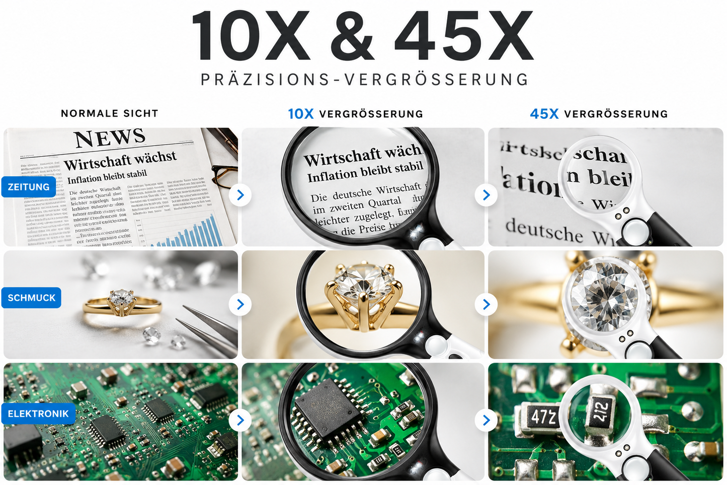 LED Lupe Leselupe mit Licht Beleuchtung 10-fach Vergrößerungsglas Juwelierlupe