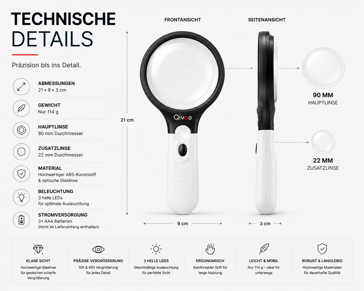 LED Lupe Leselupe mit Licht Beleuchtung 10-fach Vergrößerungsglas Juwelierlupe