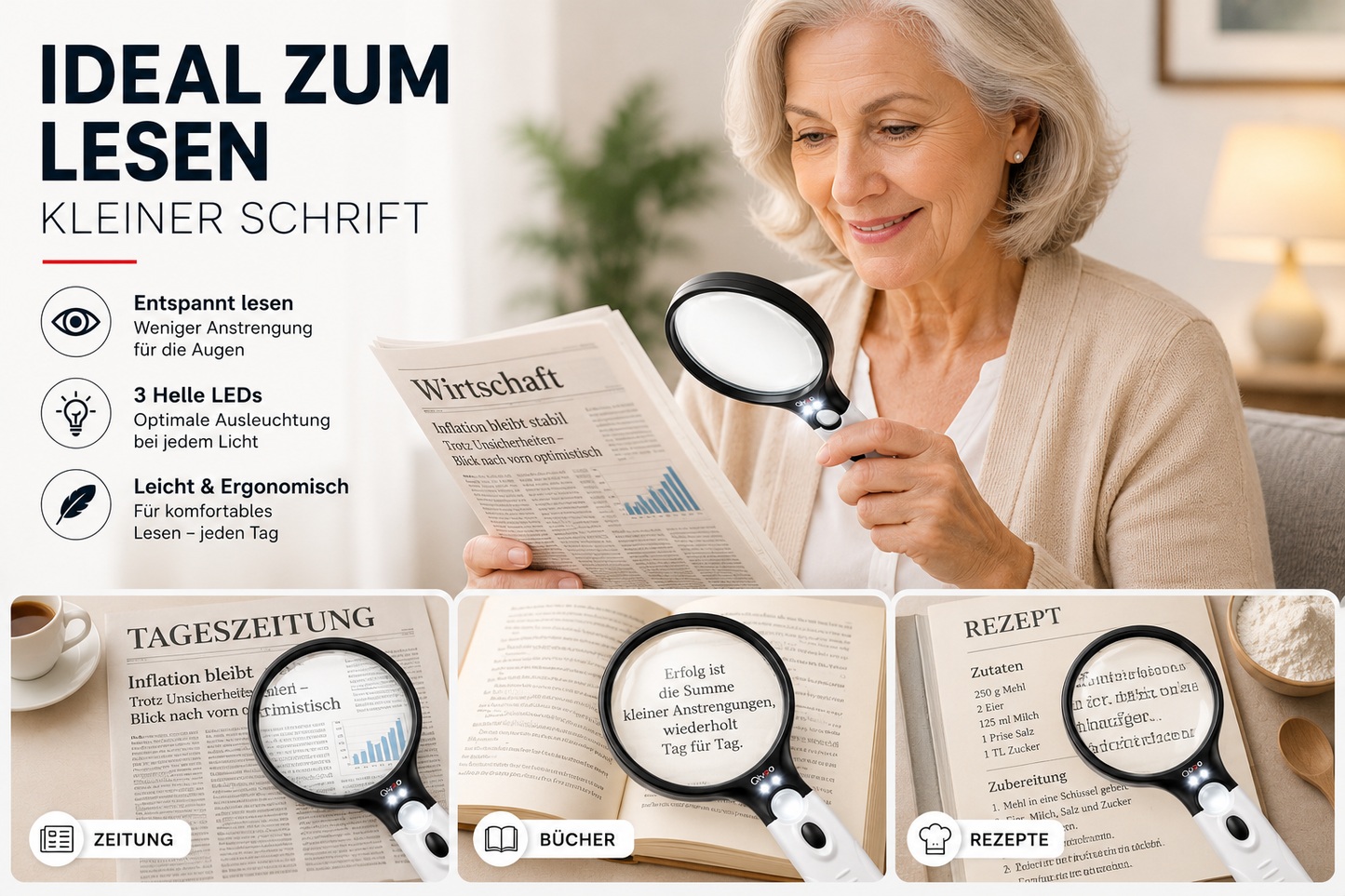 LED Lupe Leselupe mit Licht Beleuchtung 10-fach Vergrößerungsglas Juwelierlupe