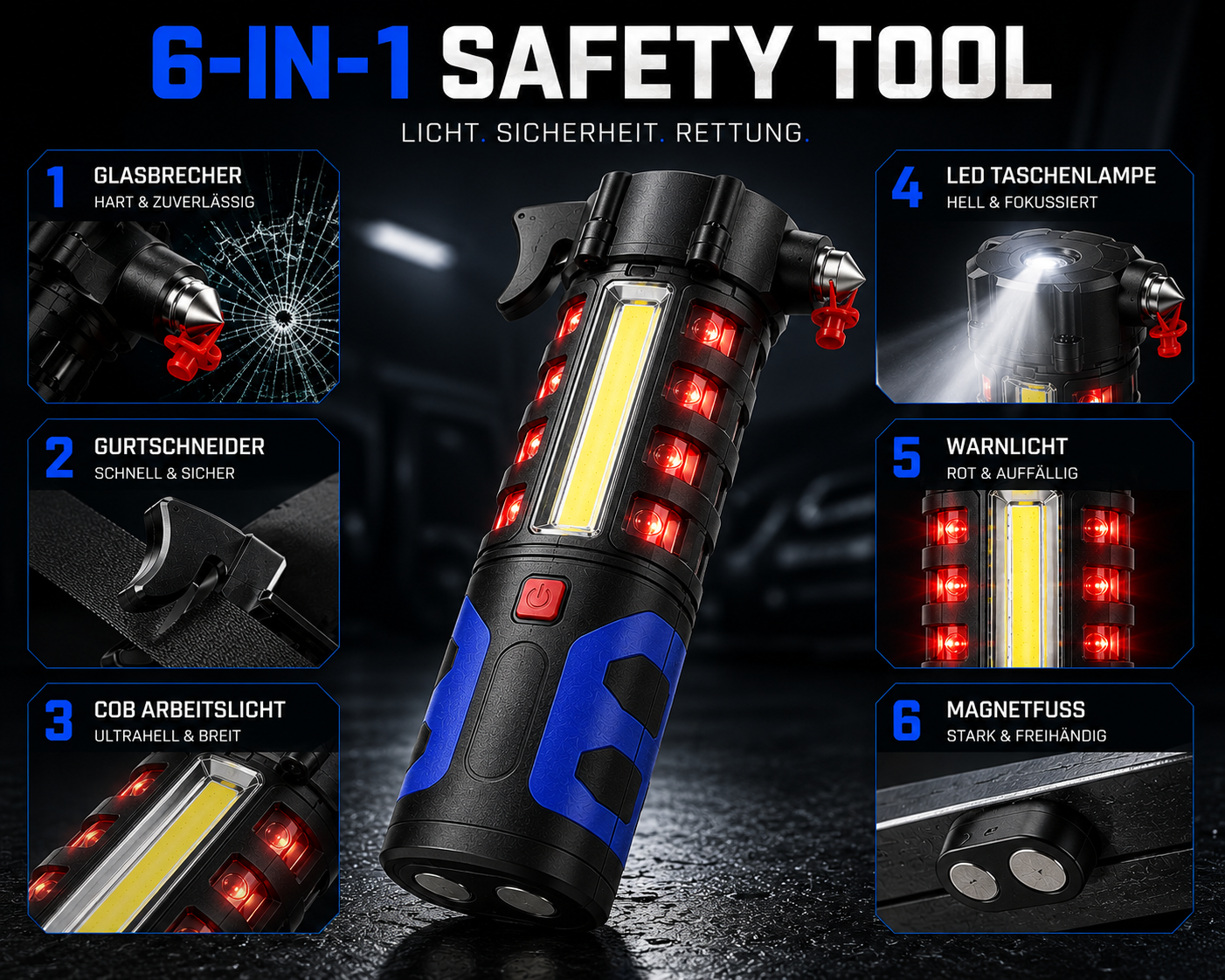 LED Taschenlampe KFZ Notfall Hammer Signal Warnleuchte Unfall Hilfe SOS Notlicht