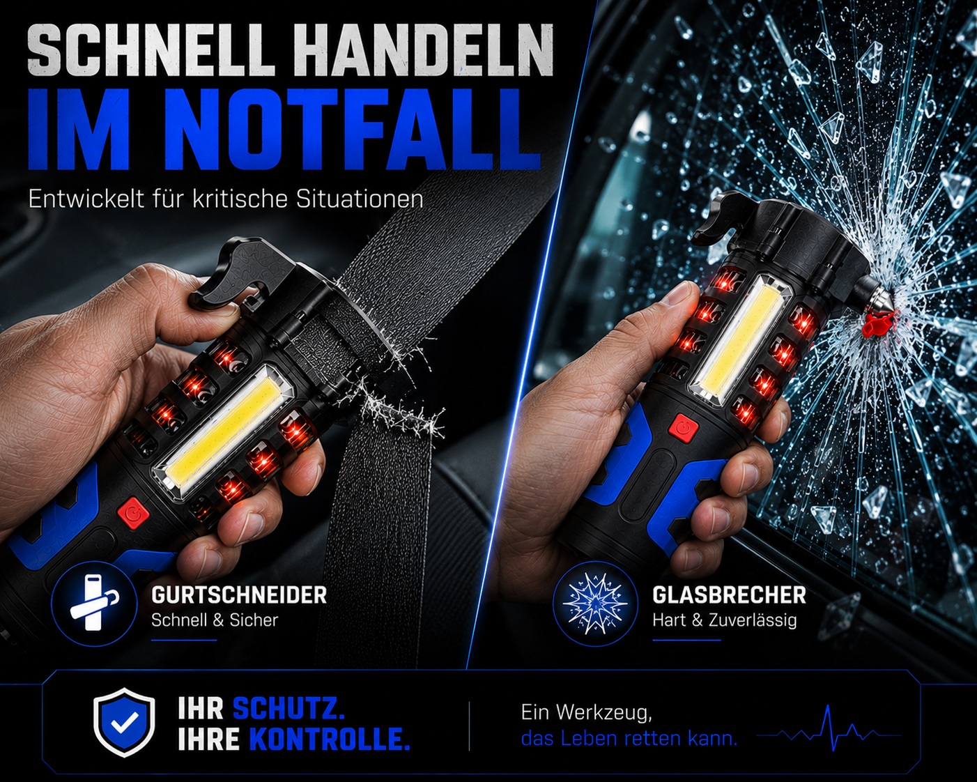 LED Taschenlampe KFZ Notfall Hammer Signal Warnleuchte Unfall Hilfe SOS Notlicht