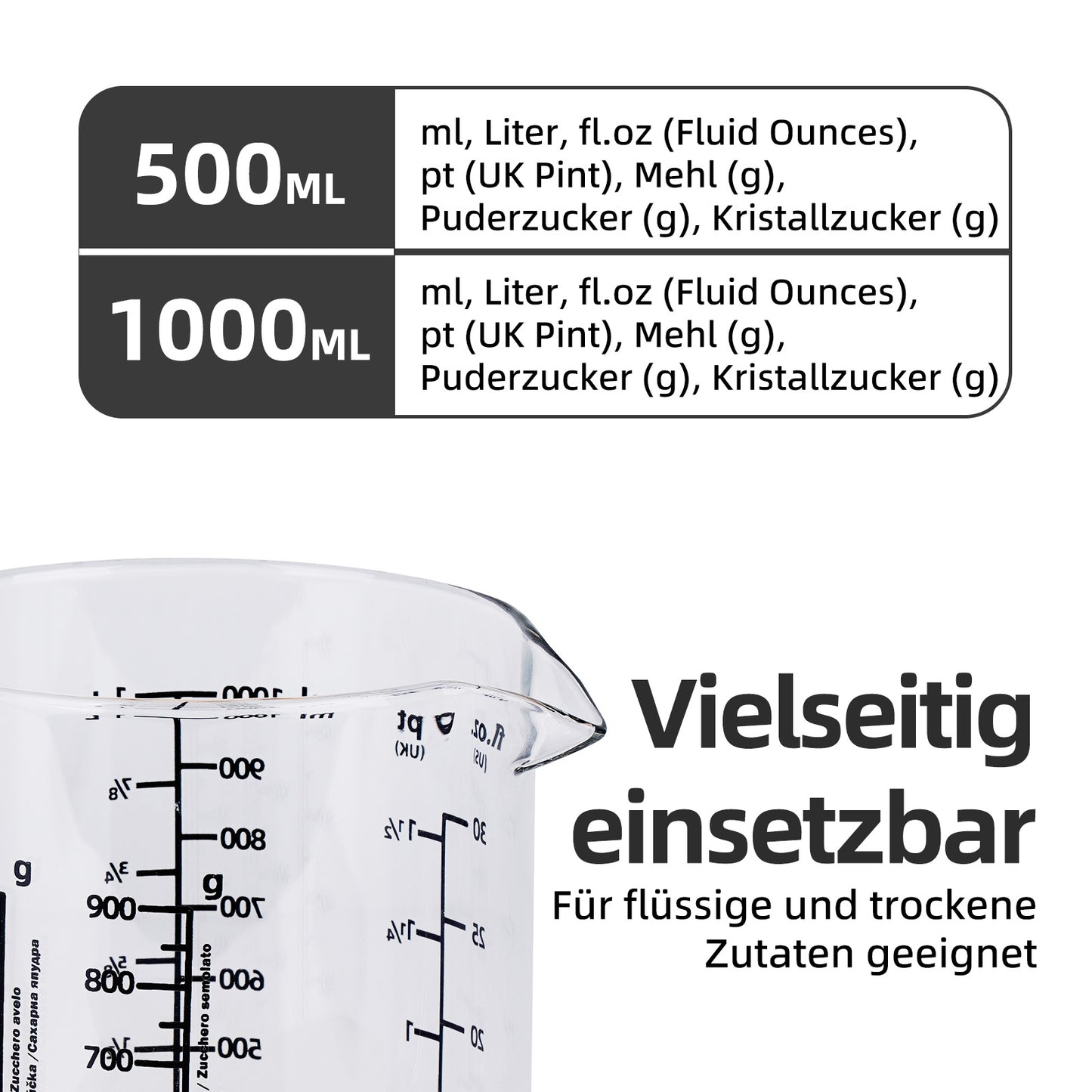 Messbecher Set Glas 500ml/1000ml hitzebeständig Messkanne Dosierhilfe Behälter