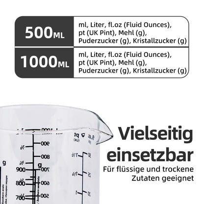 Messbecher Set Glas 500ml/1000ml hitzebeständig Messkanne Dosierhilfe Behälter