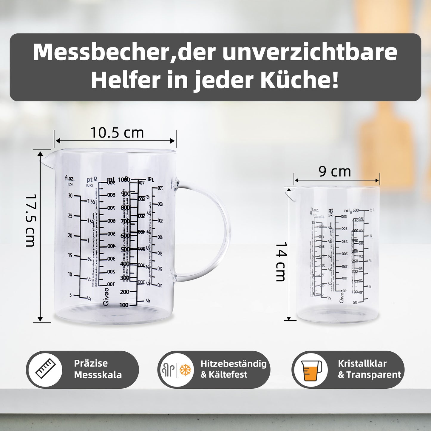 Messbecher Set Glas 500ml/1000ml hitzebeständig Messkanne Dosierhilfe Behälter