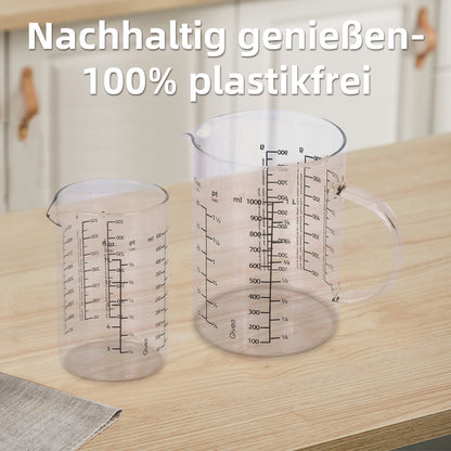 Messbecher Set Glas 500ml/1000ml hitzebeständig Messkanne Dosierhilfe Behälter