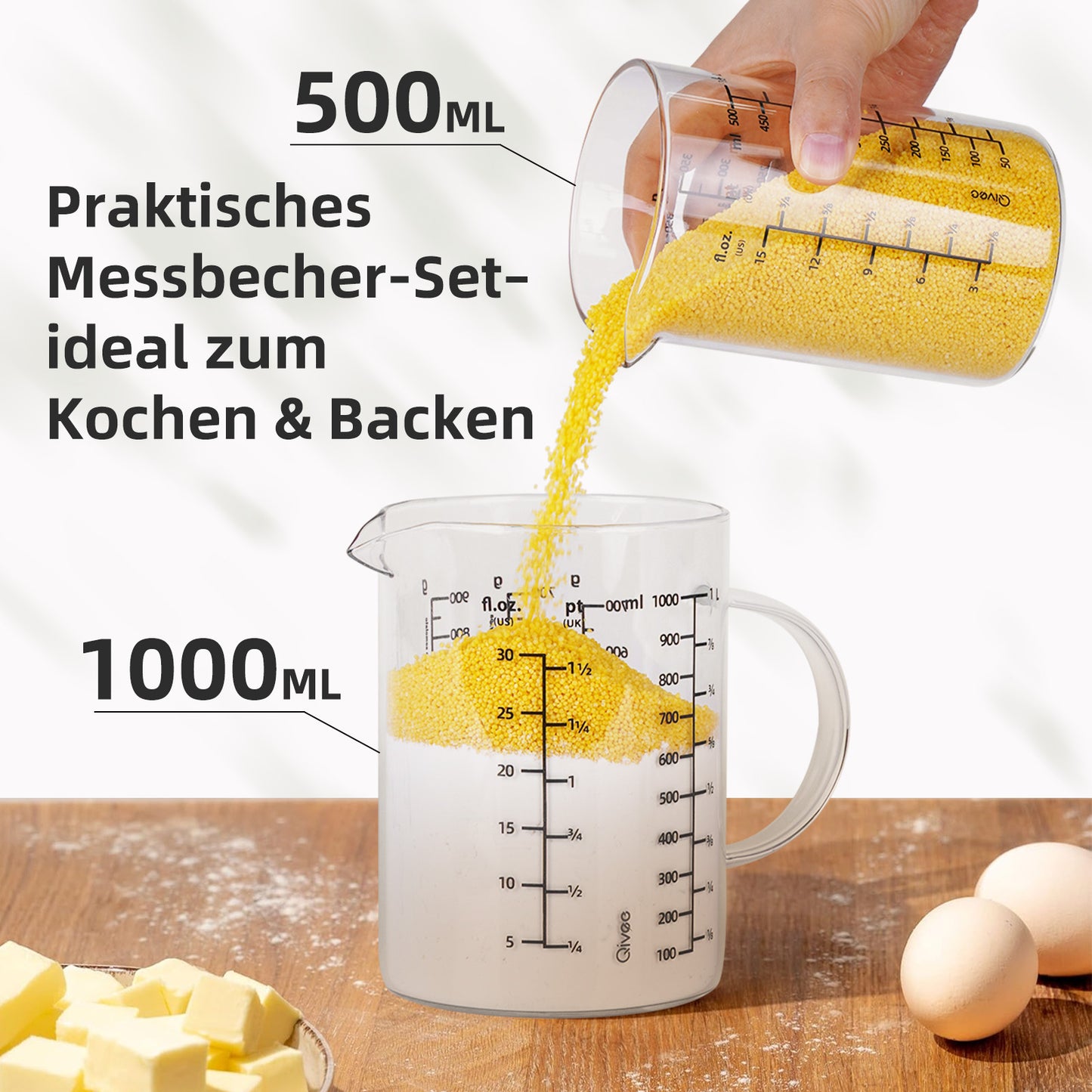 Messbecher Set Glas 500ml/1000ml hitzebeständig Messkanne Dosierhilfe Behälter