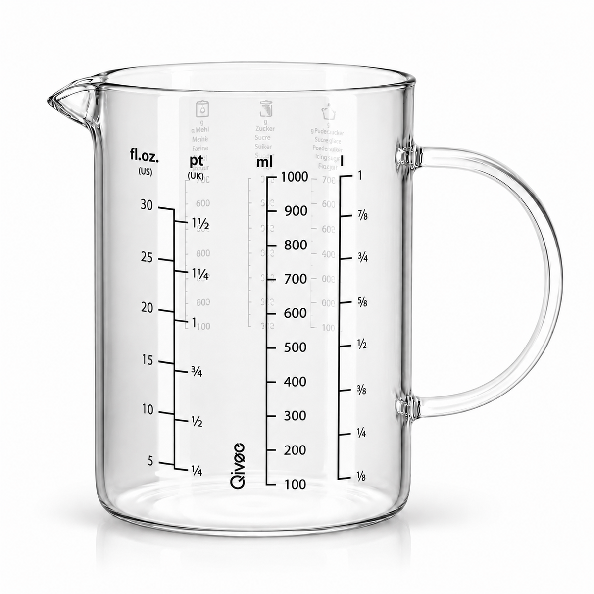 Messbecher 1L Glas hitzebeständig Messkanne Dosierhilfe 1000ml Messbehälter