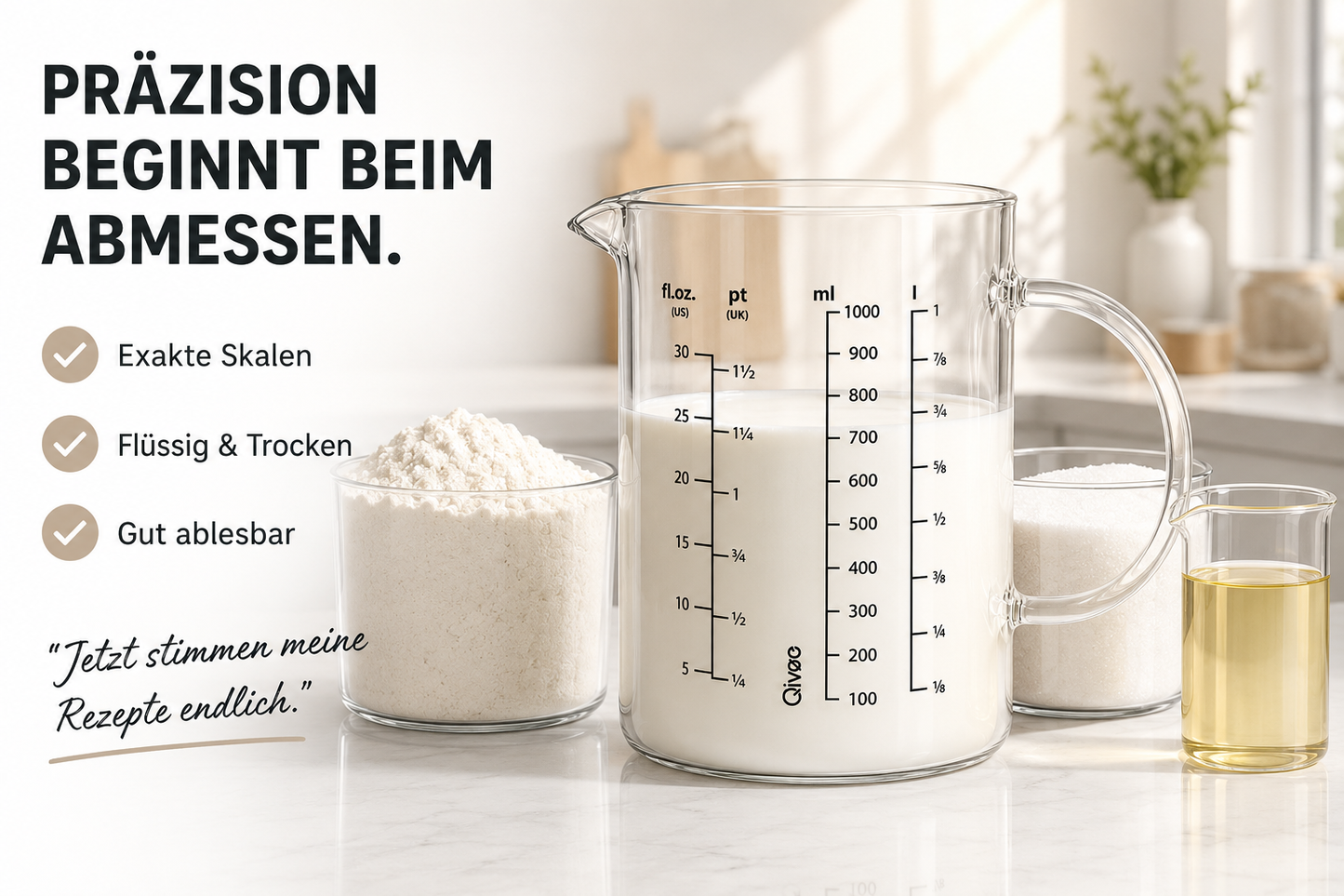 Messbecher 1L Glas hitzebeständig Messkanne Dosierhilfe 1000ml Messbehälter