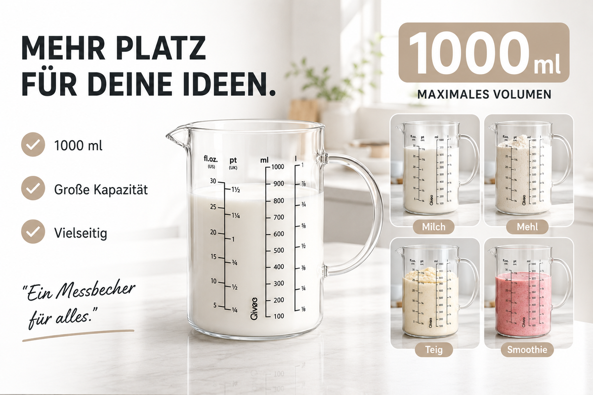 Messbecher 1L Glas hitzebeständig Messkanne Dosierhilfe 1000ml Messbehälter