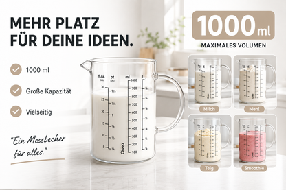 Messbecher 1L Glas hitzebeständig Messkanne Dosierhilfe 1000ml Messbehälter