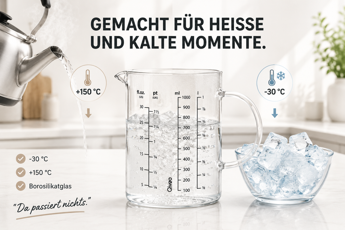 Messbecher 1L Glas hitzebeständig Messkanne Dosierhilfe 1000ml Messbehälter
