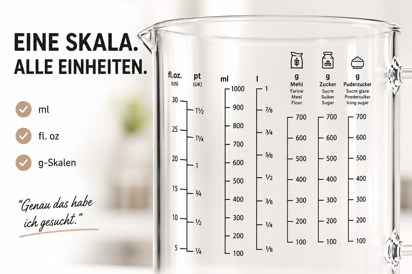 Messbecher 1L Glas hitzebeständig Messkanne Dosierhilfe 1000ml Messbehälter