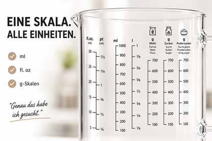 Messbecher 1L Glas hitzebeständig Messkanne Dosierhilfe 1000ml Messbehälter