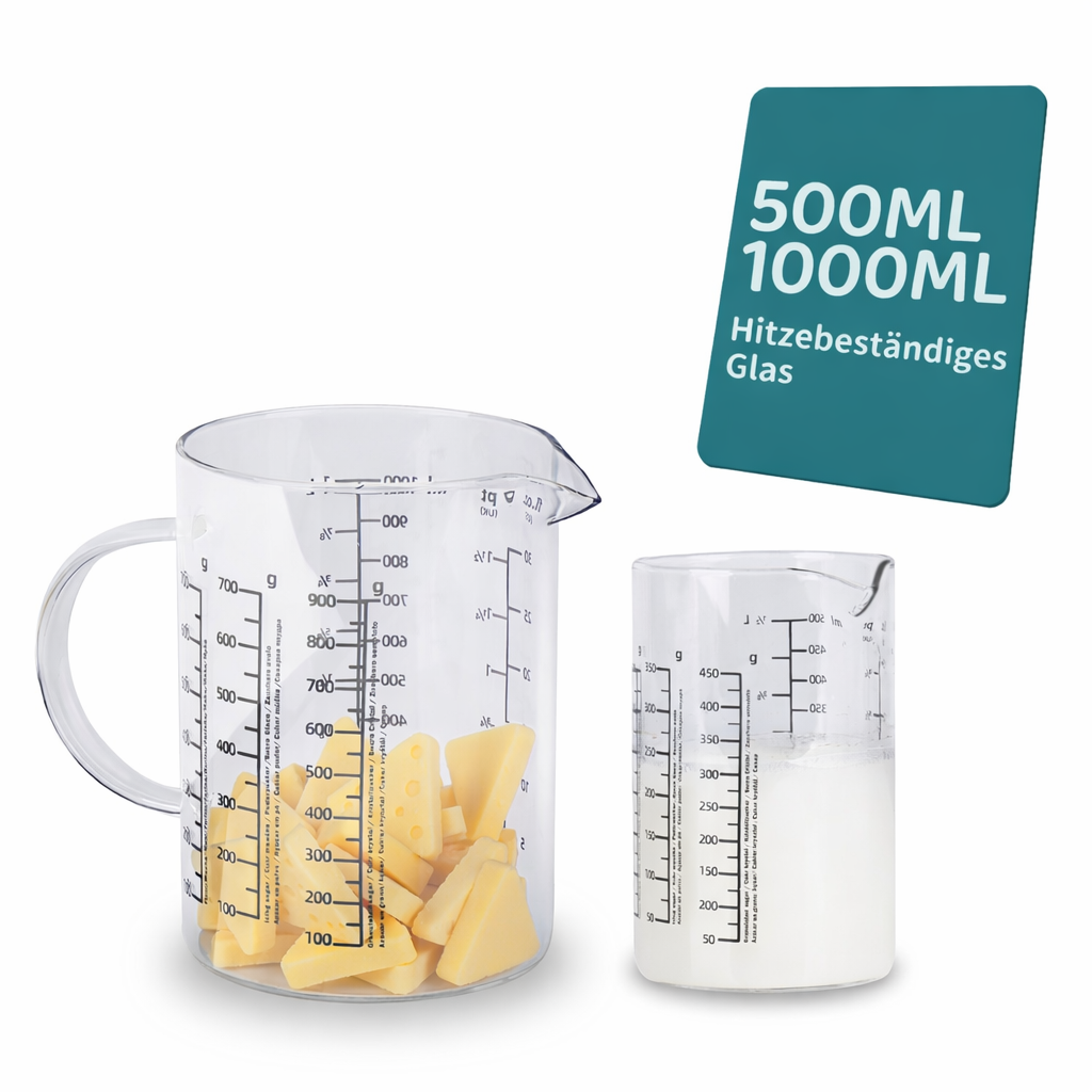 Messbecher Set Glas 500ml/1000ml hitzebeständig Messkanne Dosierhilfe Behälter