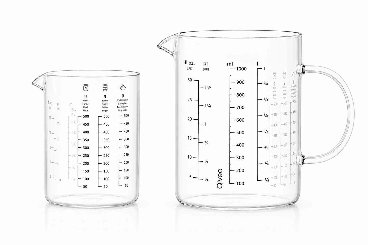 Messbecher Set Glas 500ml/1000ml hitzebeständig Messkanne Dosierhilfe Behälter