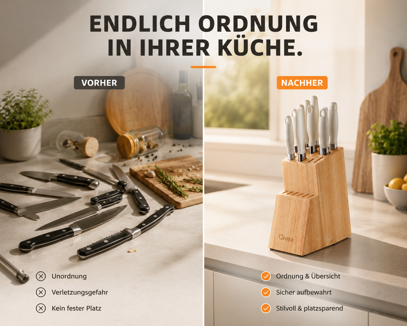 Messerblock Holz 13 Messer Unbestückt Schere Wetzstahl Messerhalter Wood Qivee