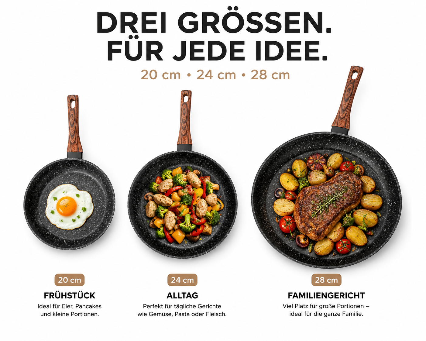 Pfannenset 3-Tlg Induktion Antihaft Brat Pfannen Set 20 24 28 cm Granit Qivee