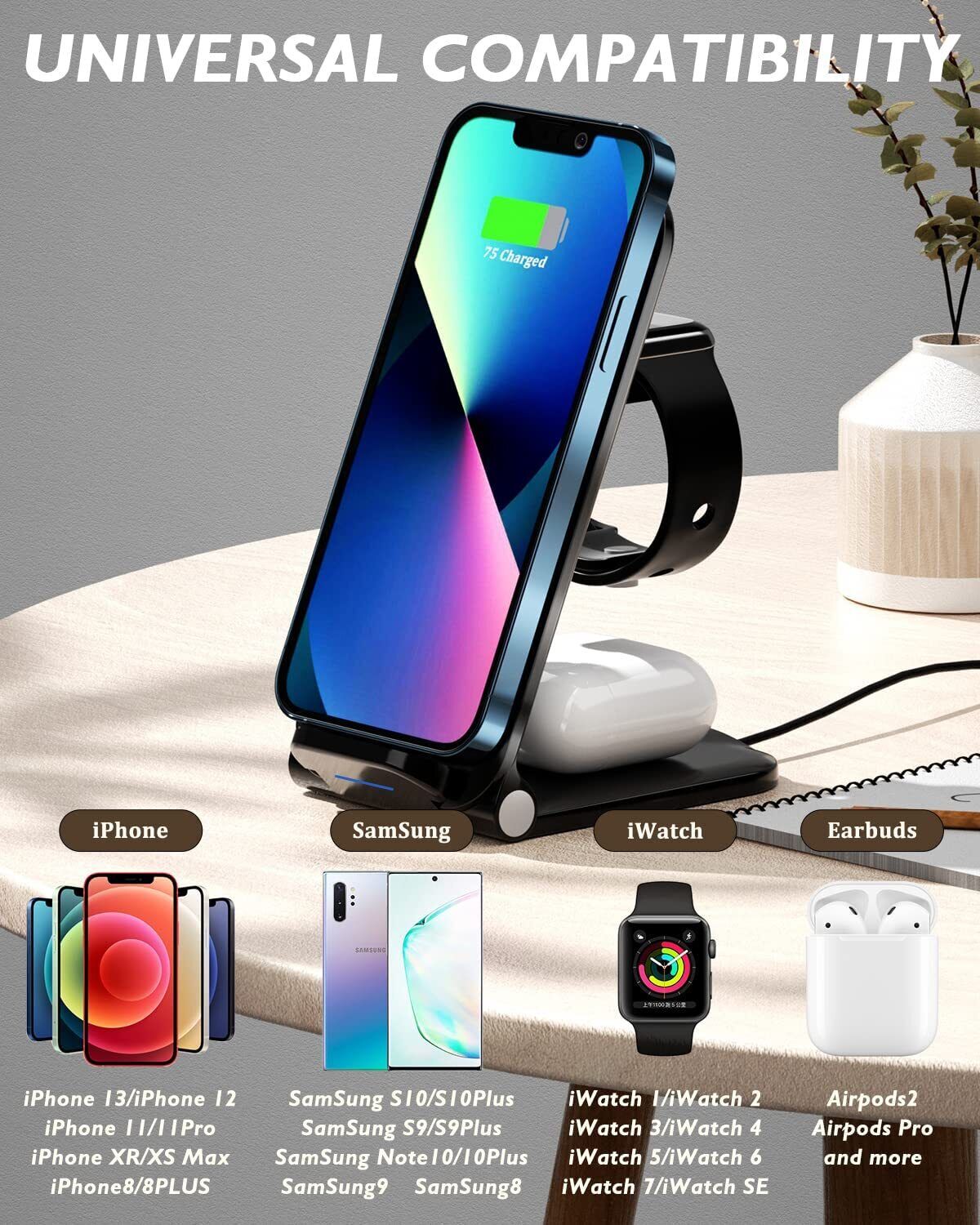 QI Wireless Ladegerät 3in1 Charger Ladestation für Apple Watch iPhone Samsung