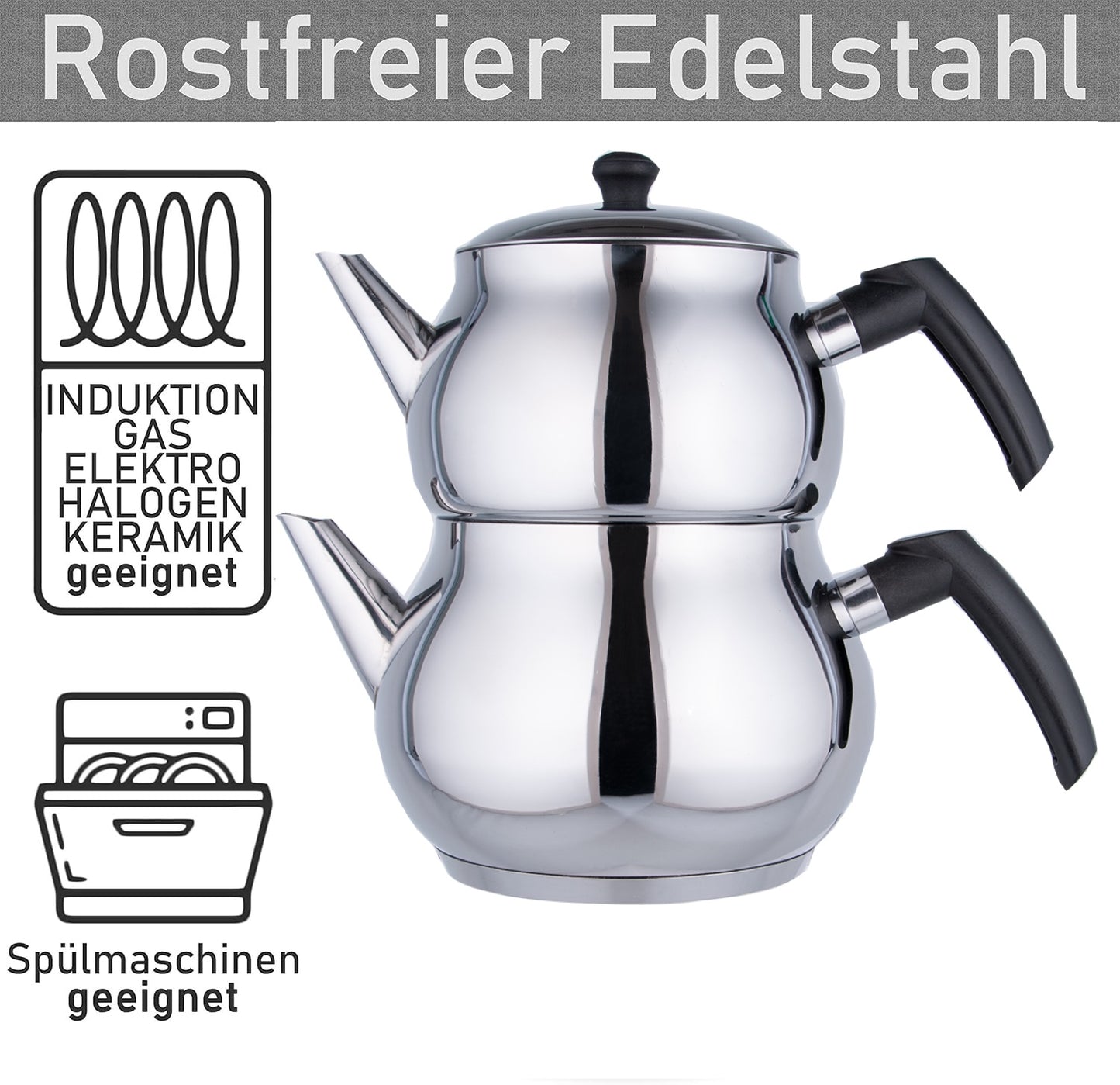 Teekanne Set Edelstahl Türkisch Tee Teekocher Caydanlik 3 Größen Induktion Kanne