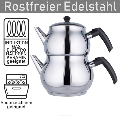 Teekanne Set Edelstahl Türkisch Tee Teekocher Caydanlik 3 Größen Induktion Kanne