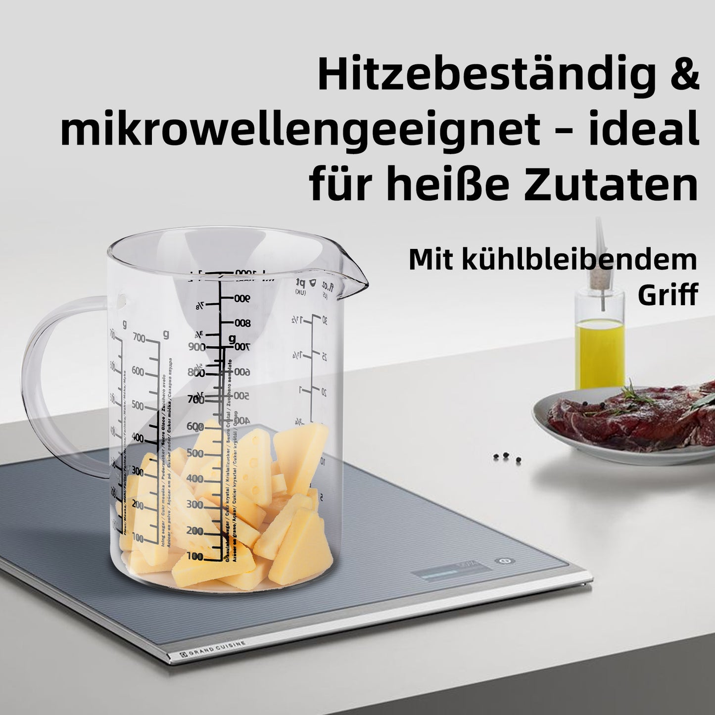 Messbecher 1L Glas hitzebeständig Messkanne Dosierhilfe 1000ml Messbehälter