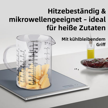 Messbecher 1L Glas hitzebeständig Messkanne Dosierhilfe 1000ml Messbehälter