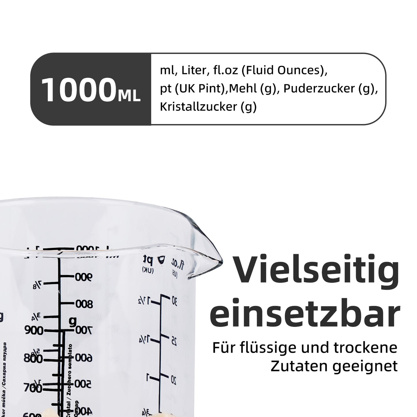 Messbecher 1L Glas hitzebeständig Messkanne Dosierhilfe 1000ml Messbehälter