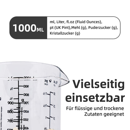 Messbecher 1L Glas hitzebeständig Messkanne Dosierhilfe 1000ml Messbehälter