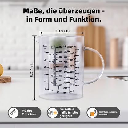 Messbecher 1L Glas hitzebeständig Messkanne Dosierhilfe 1000ml Messbehälter