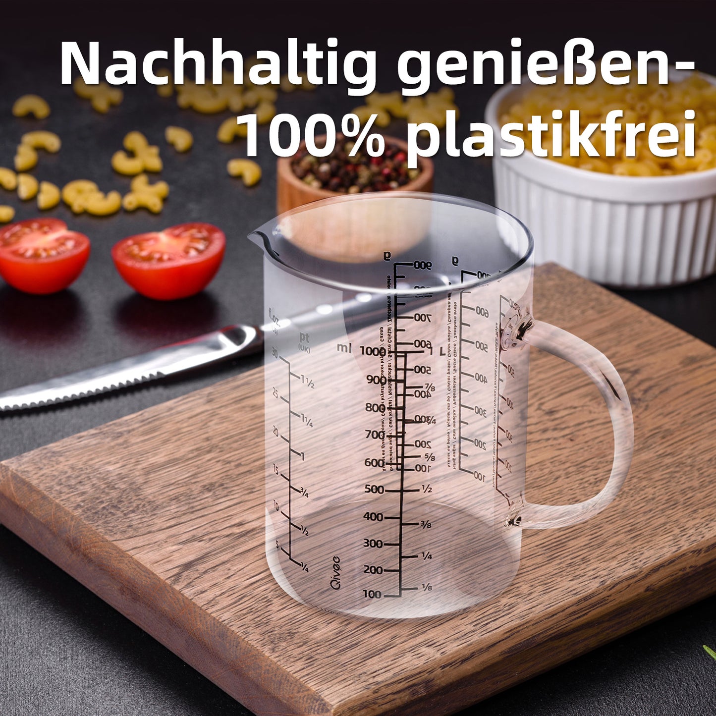 Messbecher 1L Glas hitzebeständig Messkanne Dosierhilfe 1000ml Messbehälter