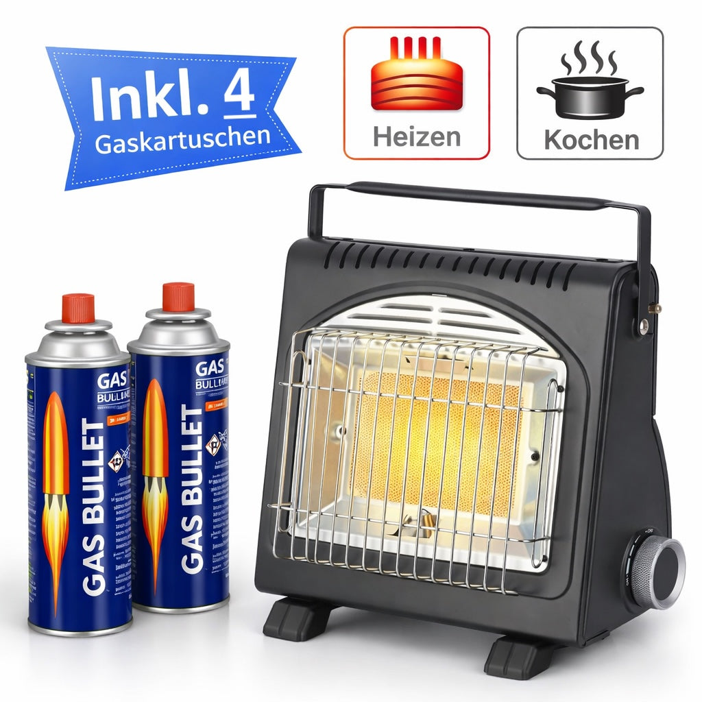 Tragbare Gasheizung 2in1 Gasheizer Camping Heizgerät Heizstrahler + 4 Kartuschen