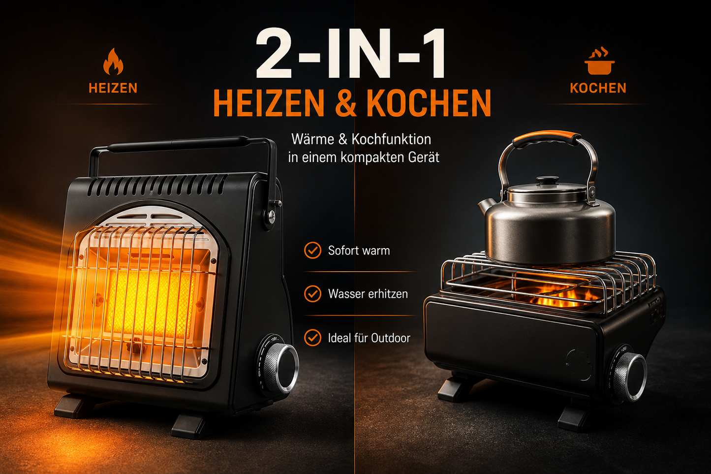 Tragbare Gasheizung 2in1 Gasheizer Camping Heizgerät Heizstrahler + 4 Kartuschen