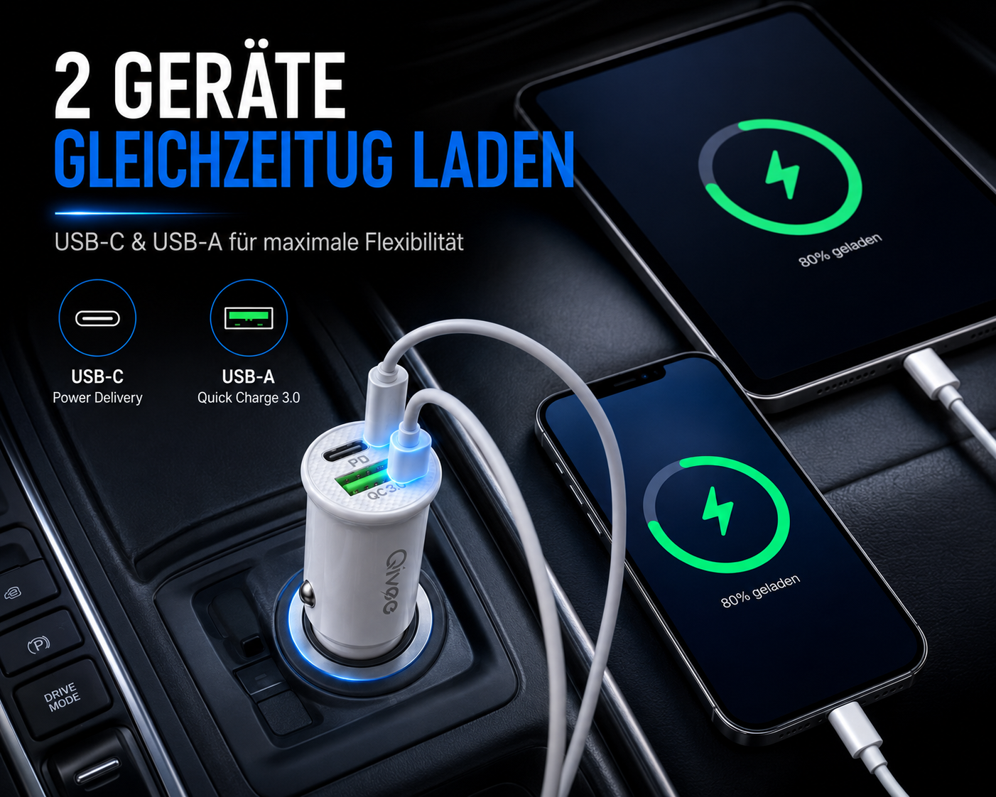 USB Ladegerät KFZ USB-C für iPhone Samsung Zigarettenanzünder Auto LKW 12/24V