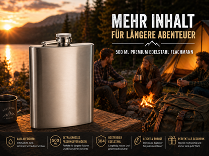 XXL Flachmann 0,5 Liter Edelstahl Taschenflachmann Taschenflasche Trinkflasche