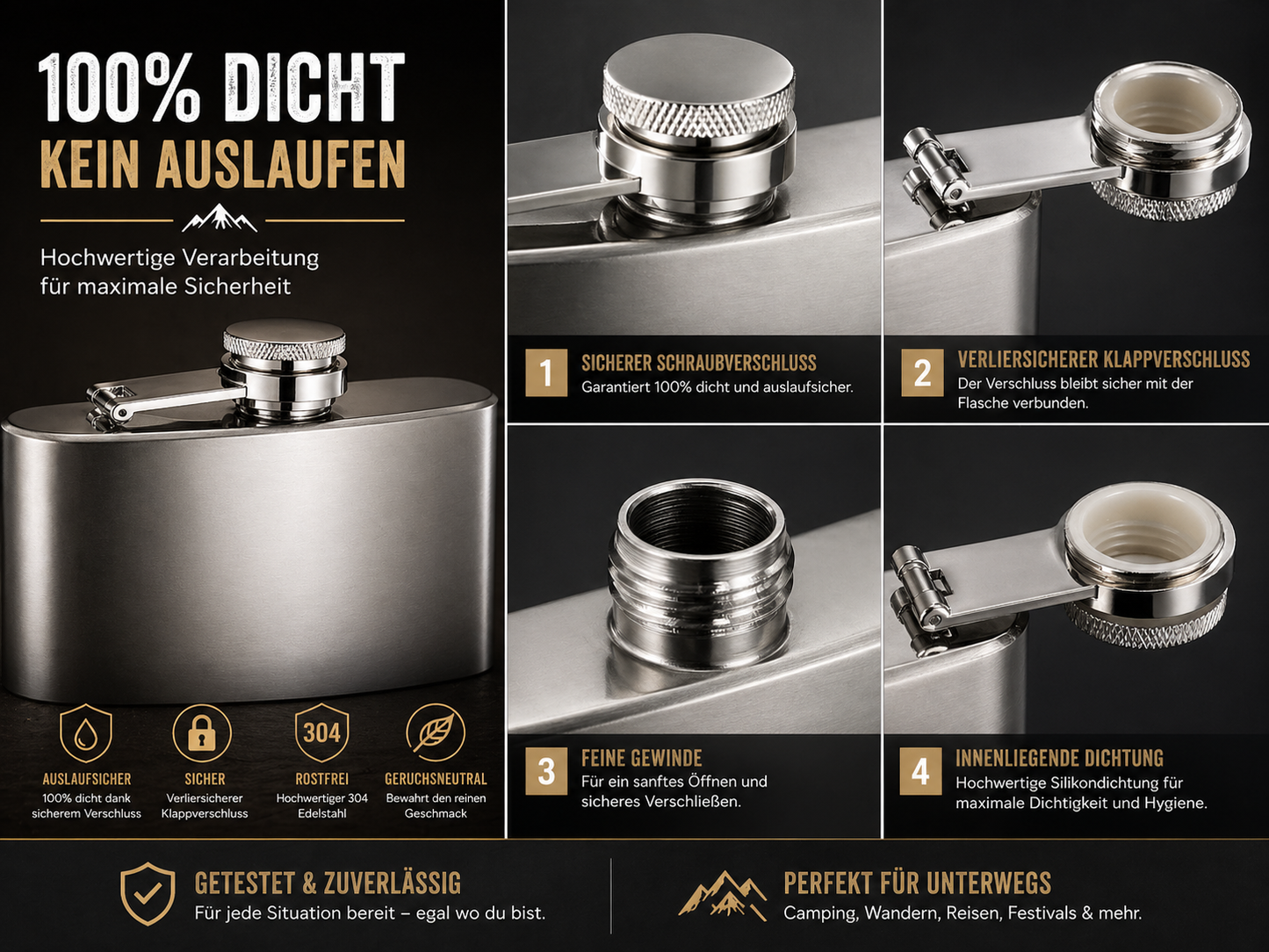 XXL Flachmann 0,5 Liter Edelstahl Taschenflachmann Taschenflasche Trinkflasche