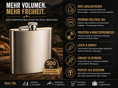 XXL Flachmann 0,5 Liter Edelstahl Taschenflachmann Taschenflasche Trinkflasche